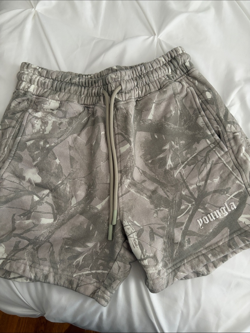 Youngla Gray Camo Shorts with logo